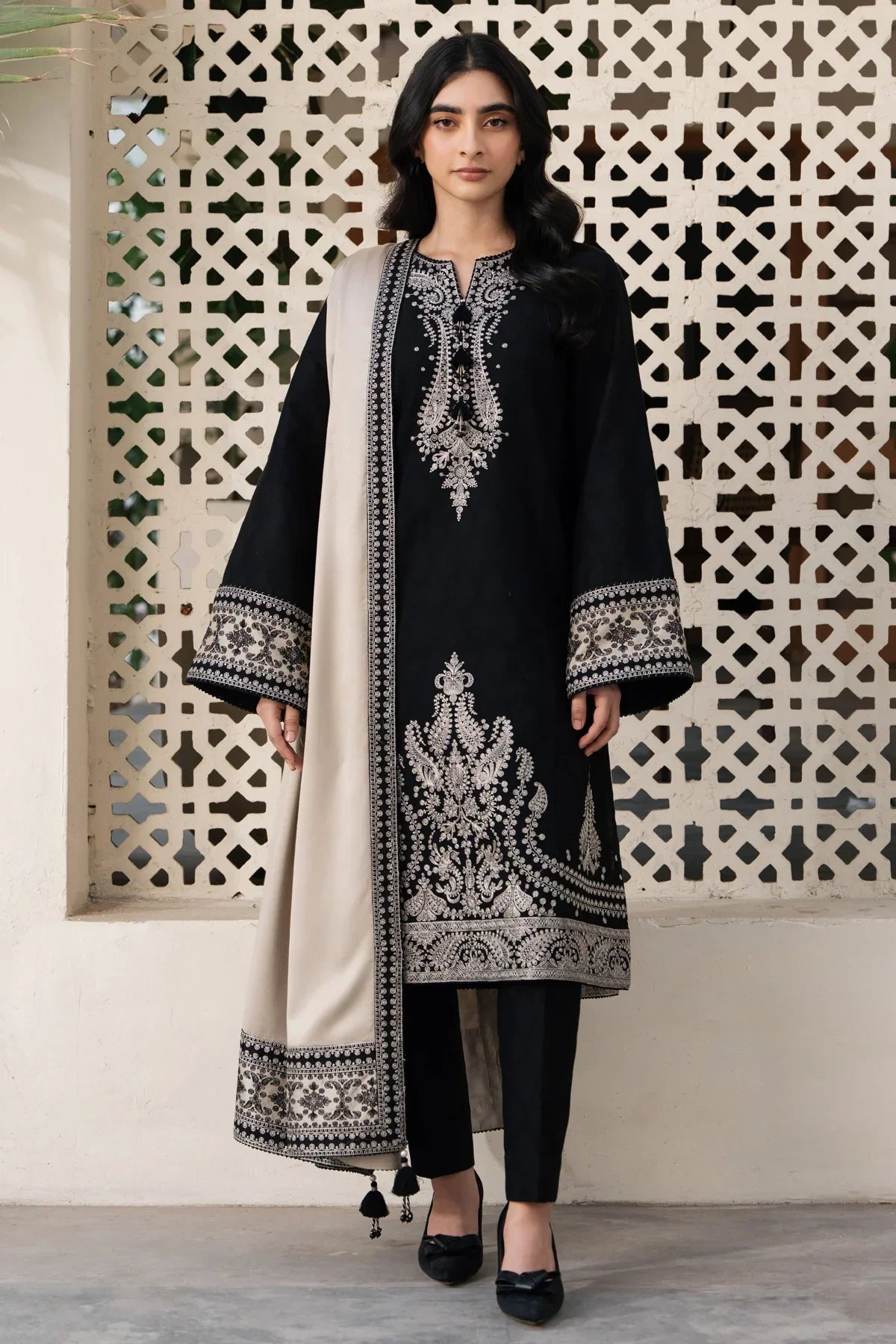 JAZMIN - 3PC DHANAK EMBROIDERED SHIRT WITH DHANAK EMBROIDERED SHAWL AND TROUSER - VL1202