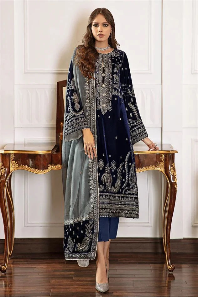 Baroque- Winter 3PC Velvet Embroidered Suit - VL971