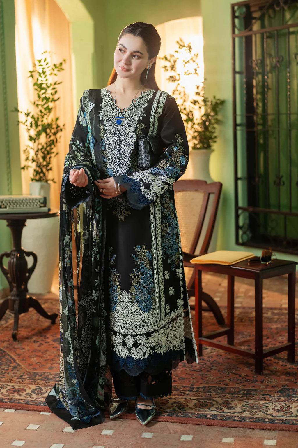 JADE-3PC DHANAK EMBROIDERED SHIRT WITH COUTRAI PRINTED SHAWL - VL1250