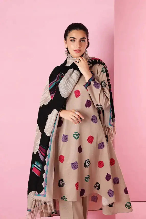 VL563 Nishat Skin Dhanak Embroidered three piece With Woolen Shawl