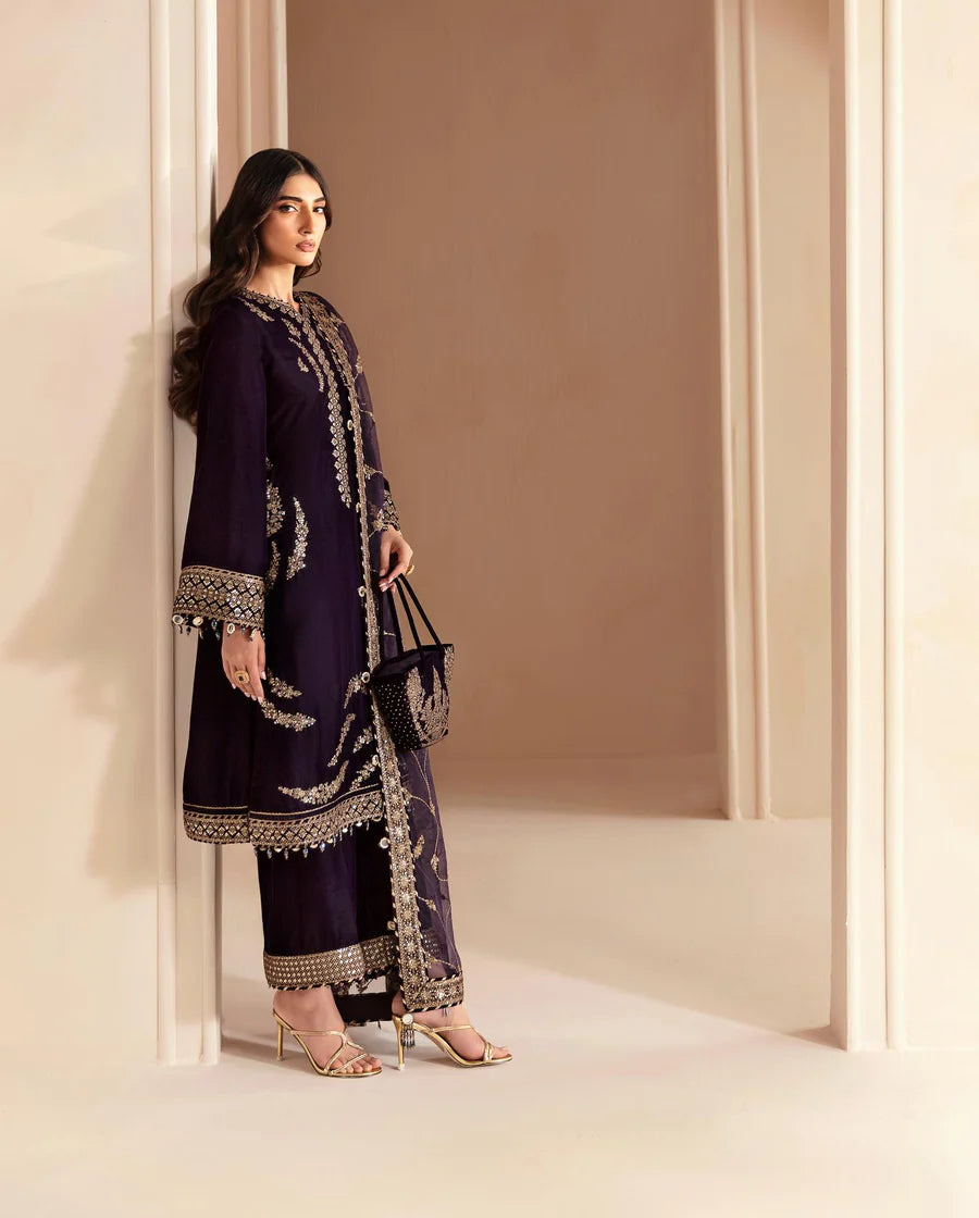 3PCs Embroidered Velvet Dress With Shamooz Silk Trouser - VL968
