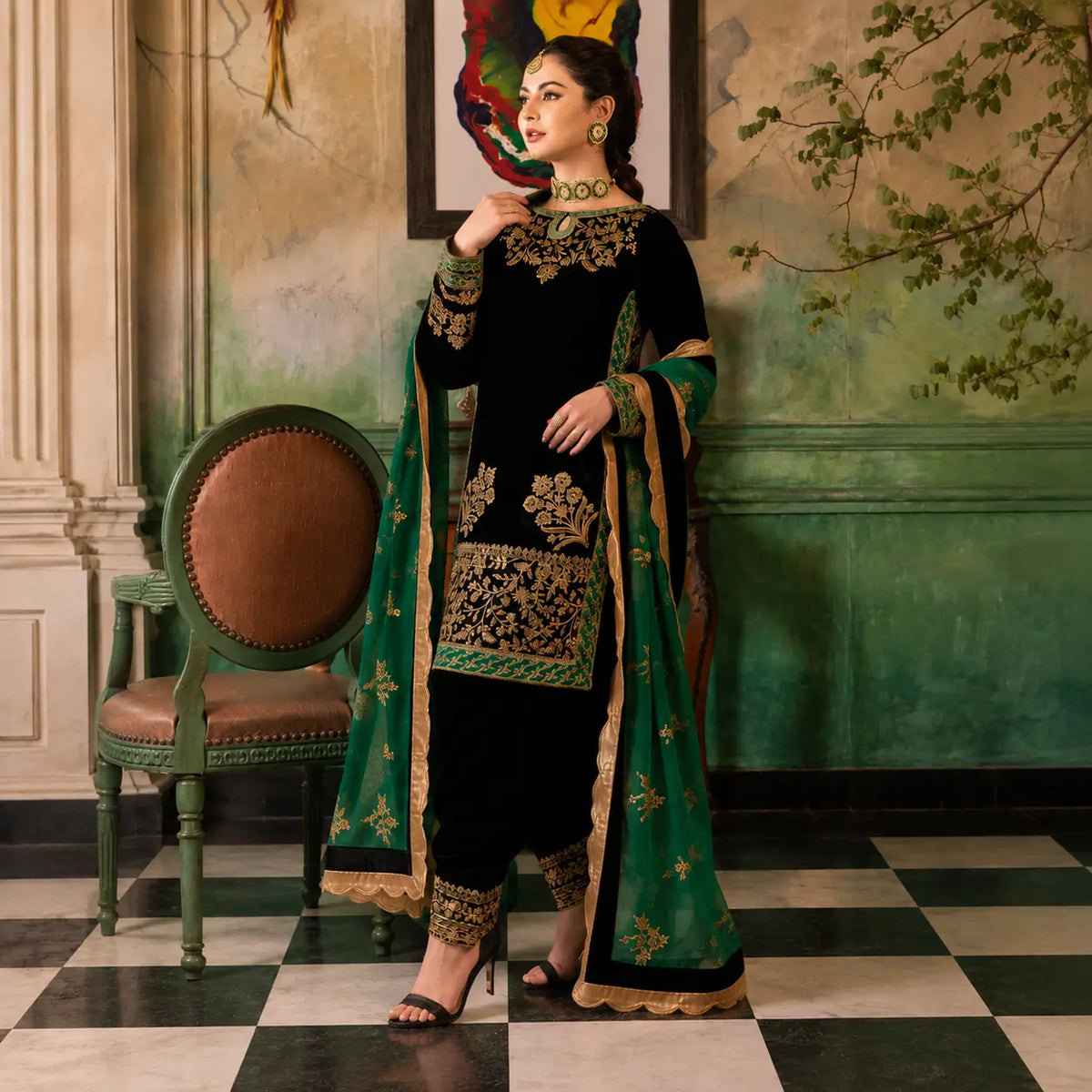 VL953 3-Piece Unstitched Heavy Embroidered Velvet Suit ( Four Sided Embroidered Organza Dupatta )