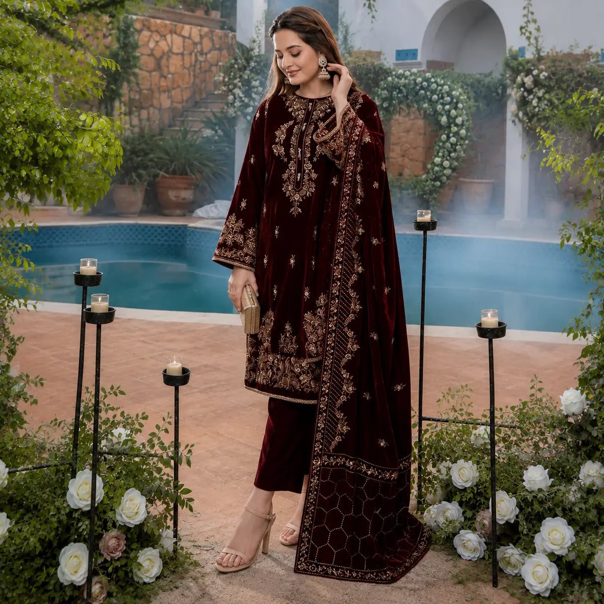 Unstitched Embroidered Velvet 3PCs With Velvet Shawl - VL970
