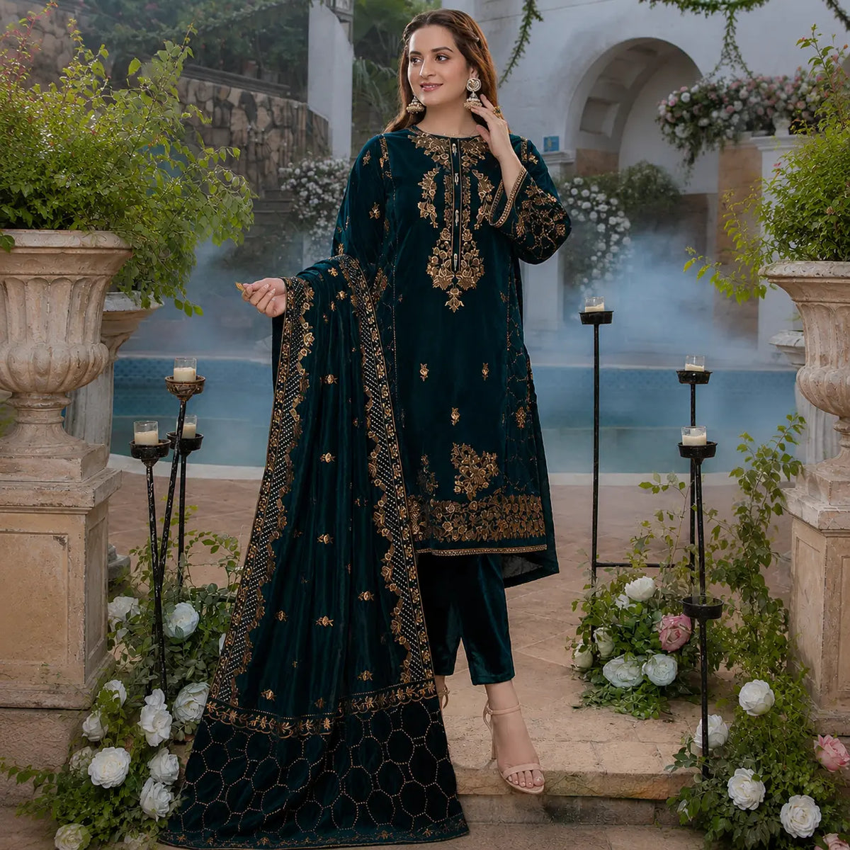 VL2050 Sequance Embroidered Velvet Three piece With Velvet Shawl Winter Collection