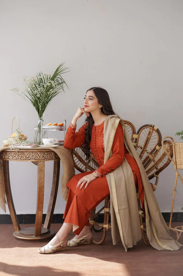 VL308 3PC Dhanak suit with Embroidered Shawll