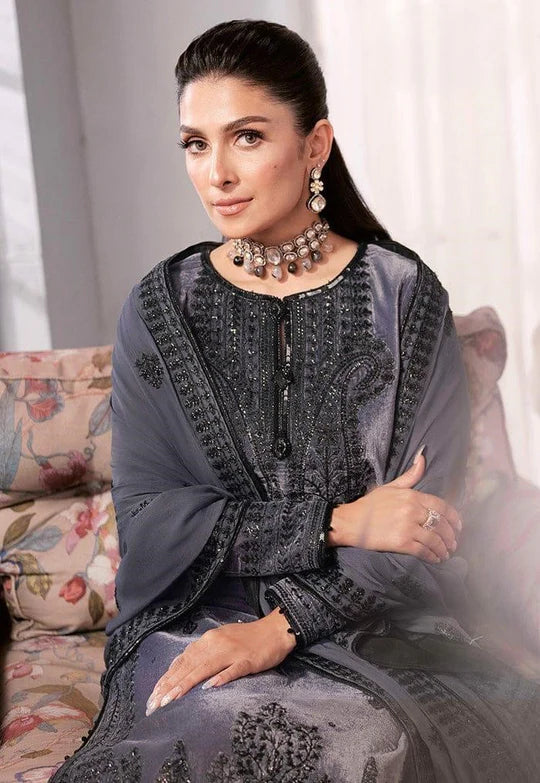 Asim Jofa - Velvet Dress with Pure Chiffon Embroidered Dupatta - VL991