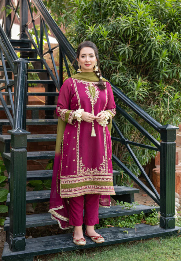 MEENA 3-PC Front fully lawn Emb with bamber chiffon dubbta Embroidered VL757