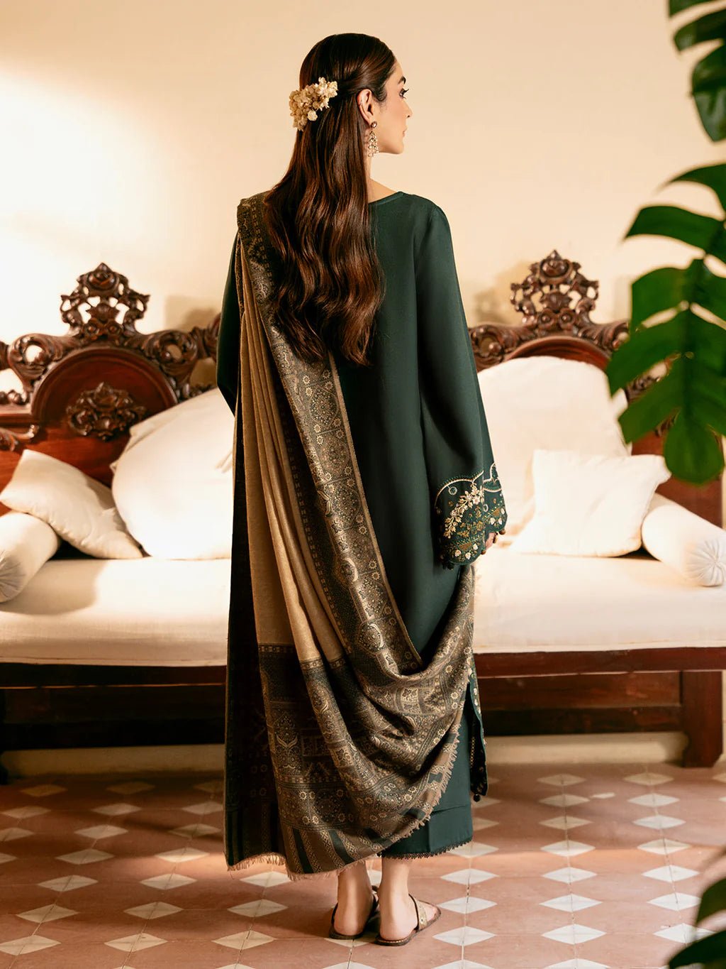 IZEL-3PC DHANAK EMBROIDERED SHIRT WITH COURTRAI WOOL PRINT SHAWL - VL1253