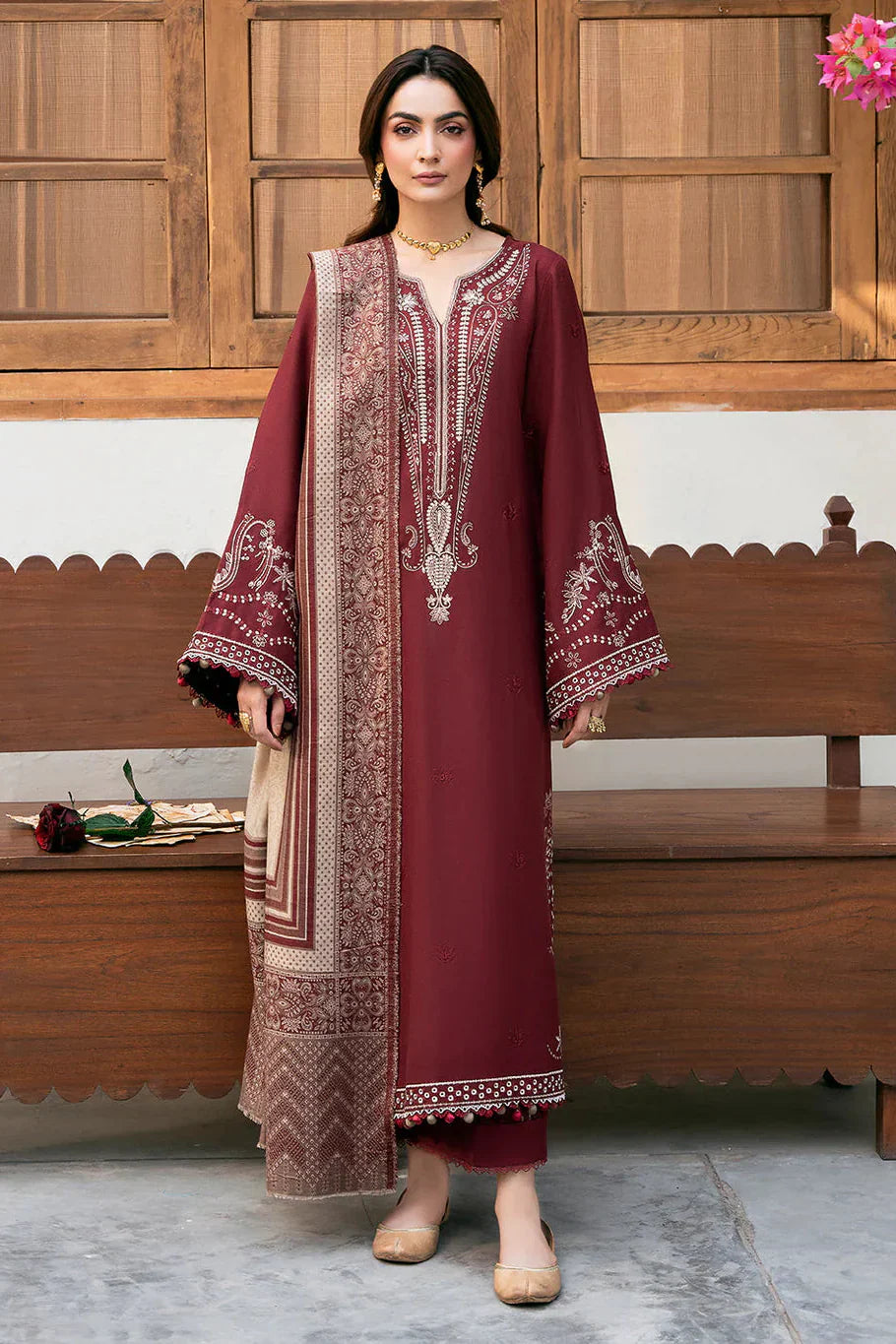 IZEL-3PC DHANAK EMBROIDERED SHIRT WITH COURTRAI PRINTED SHAWL - VL1273