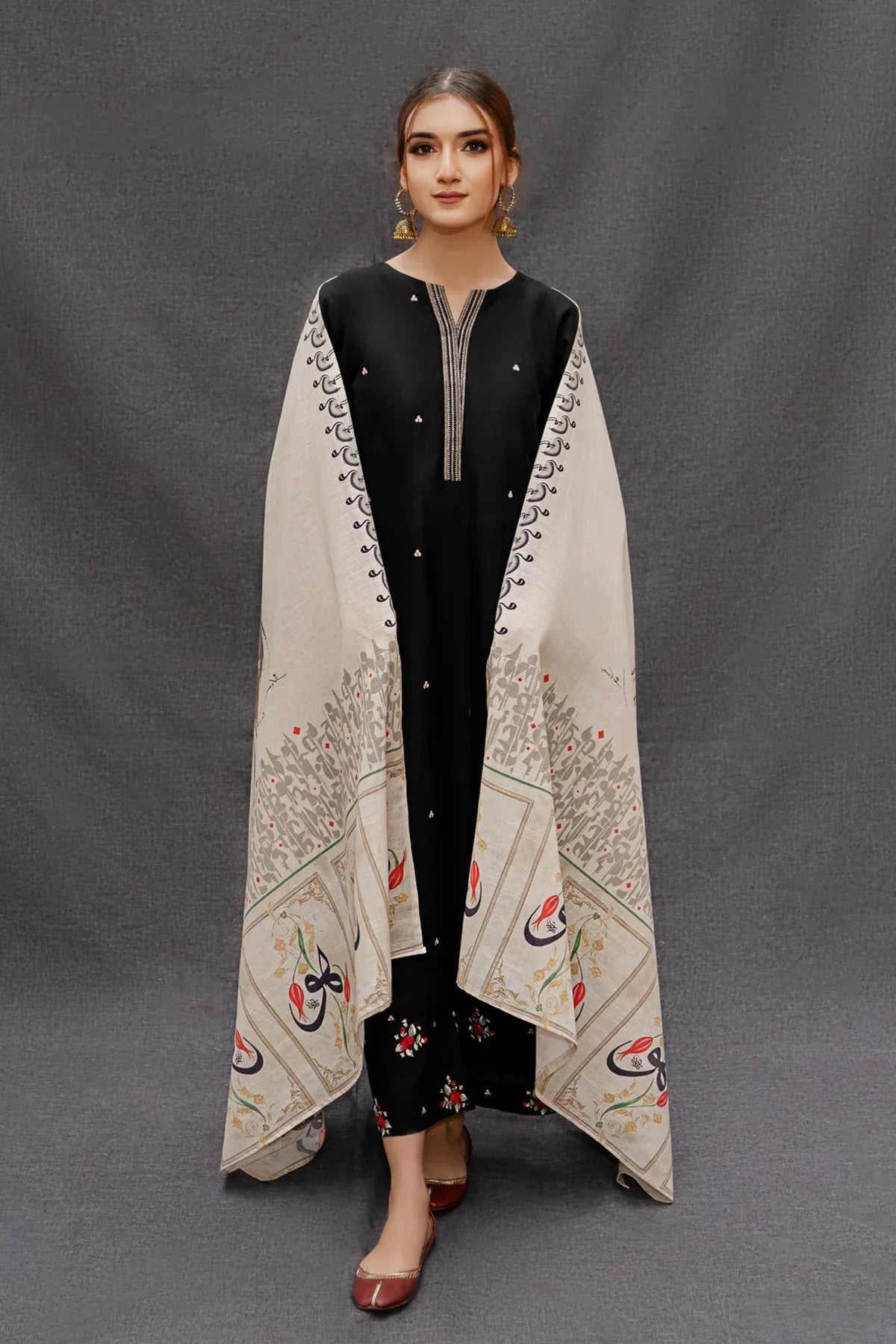 DHANAK 3PC EMBROIDERED SHIRT WITH DIGITAL PRINTED WOOL SHAWL- VL1127