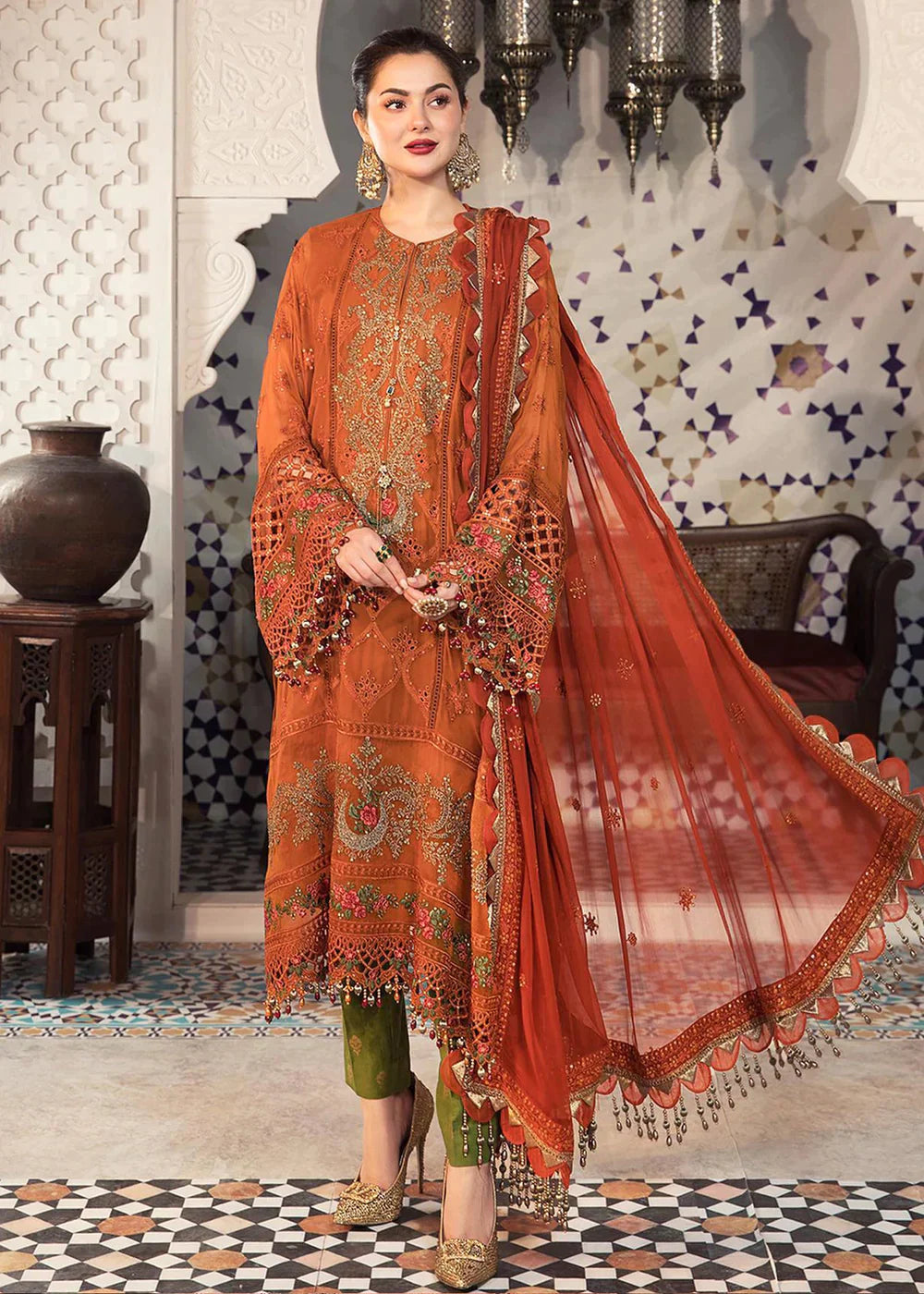 Maria .B 3PC Lawn full embroidered front piece for shirt sleeves embroidered With Bamber chiffon embroidered dupatta. VL543