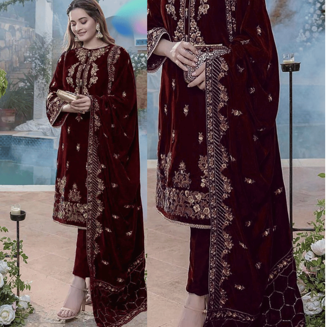Unstitched Embroidered Velvet 3PCs With Velvet Shawl - VL970