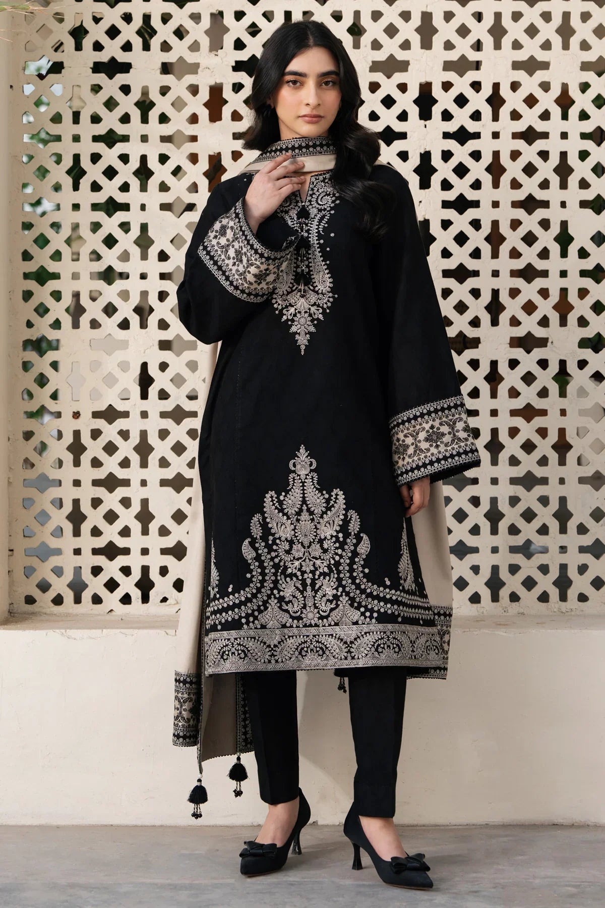 JAZMIN - 3PC DHANAK EMBROIDERED SHIRT WITH DHANAK EMBROIDERED SHAWL AND TROUSER - VL1202