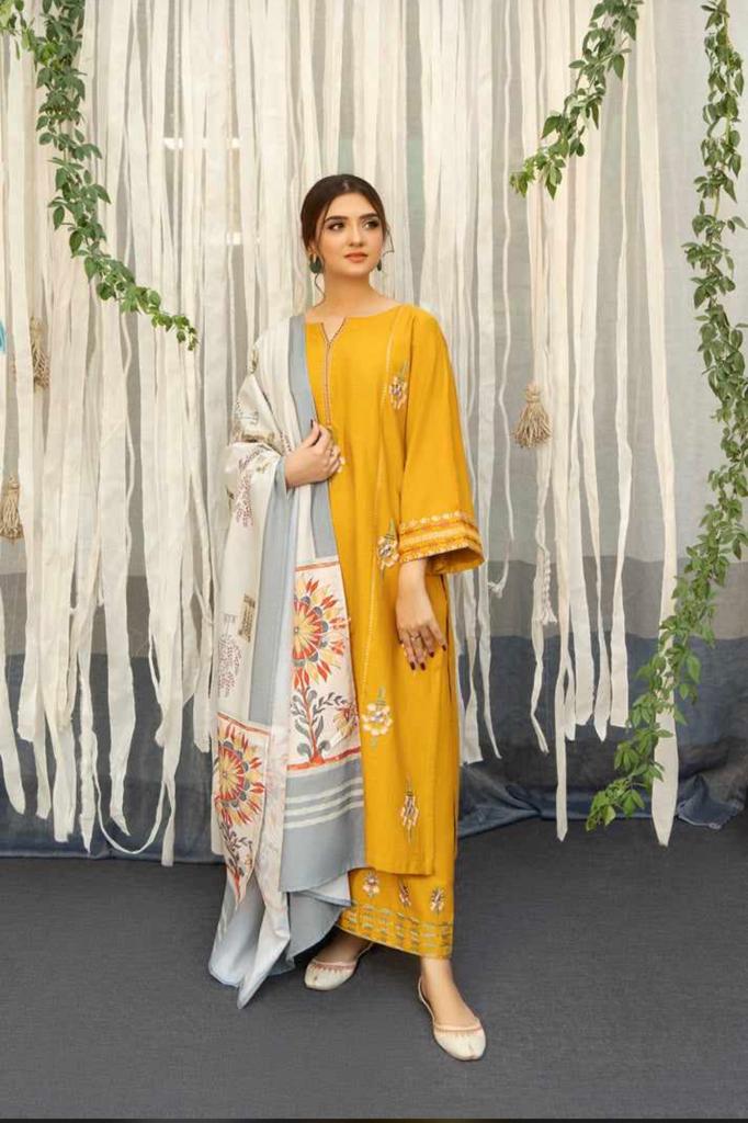 3-piece Lawn embroidered suit with Digital prited dupatta. VL703