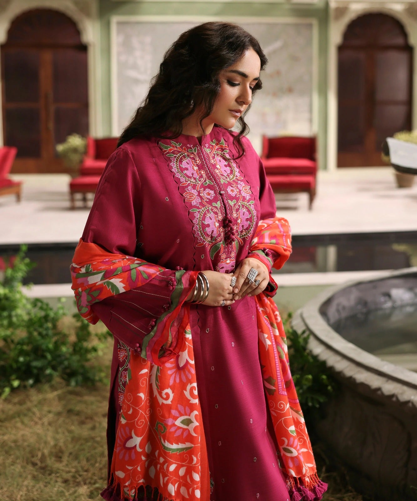 Sapphire - -3PC DHANAK EMBROIDERED SHIRT WITH COURTRAI WOOL PRINT SHAWL - VL1265