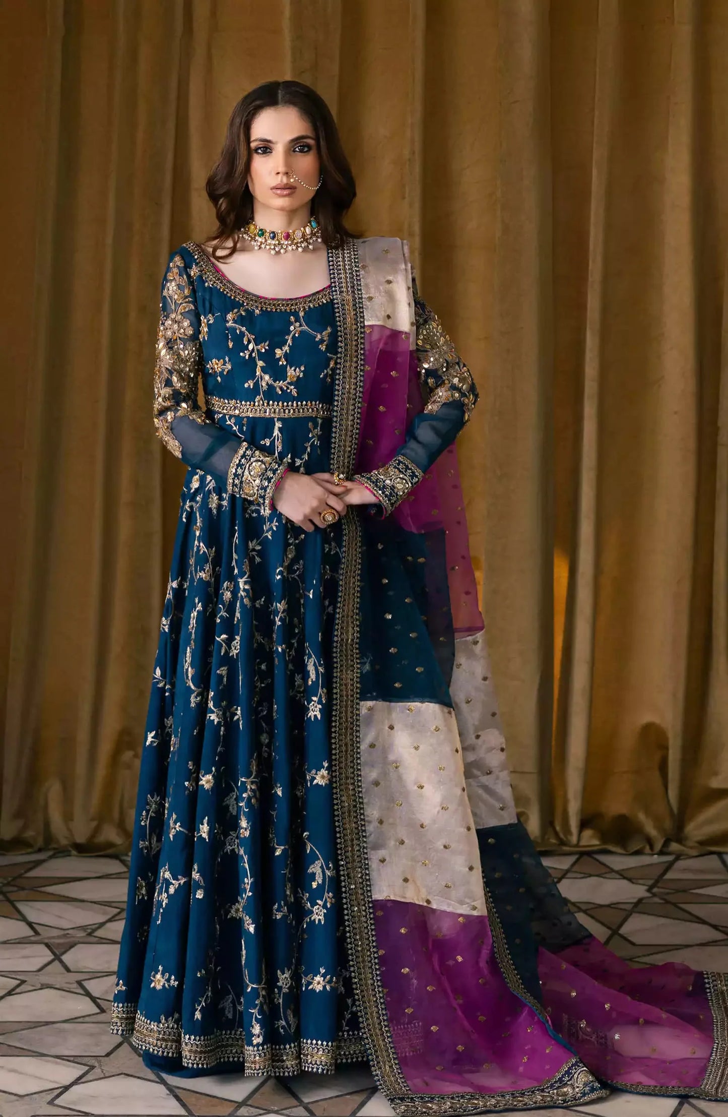 Maryum N Maria 3 piece kataan silk frock style embroidered suit - VL1146