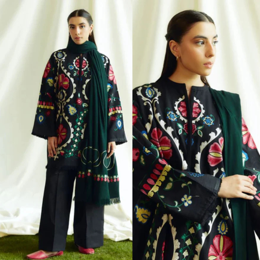 VL874 WINTER 3-Pc Embroidered Khadder Suit with Heavy Embroidered Dhanak Shawl