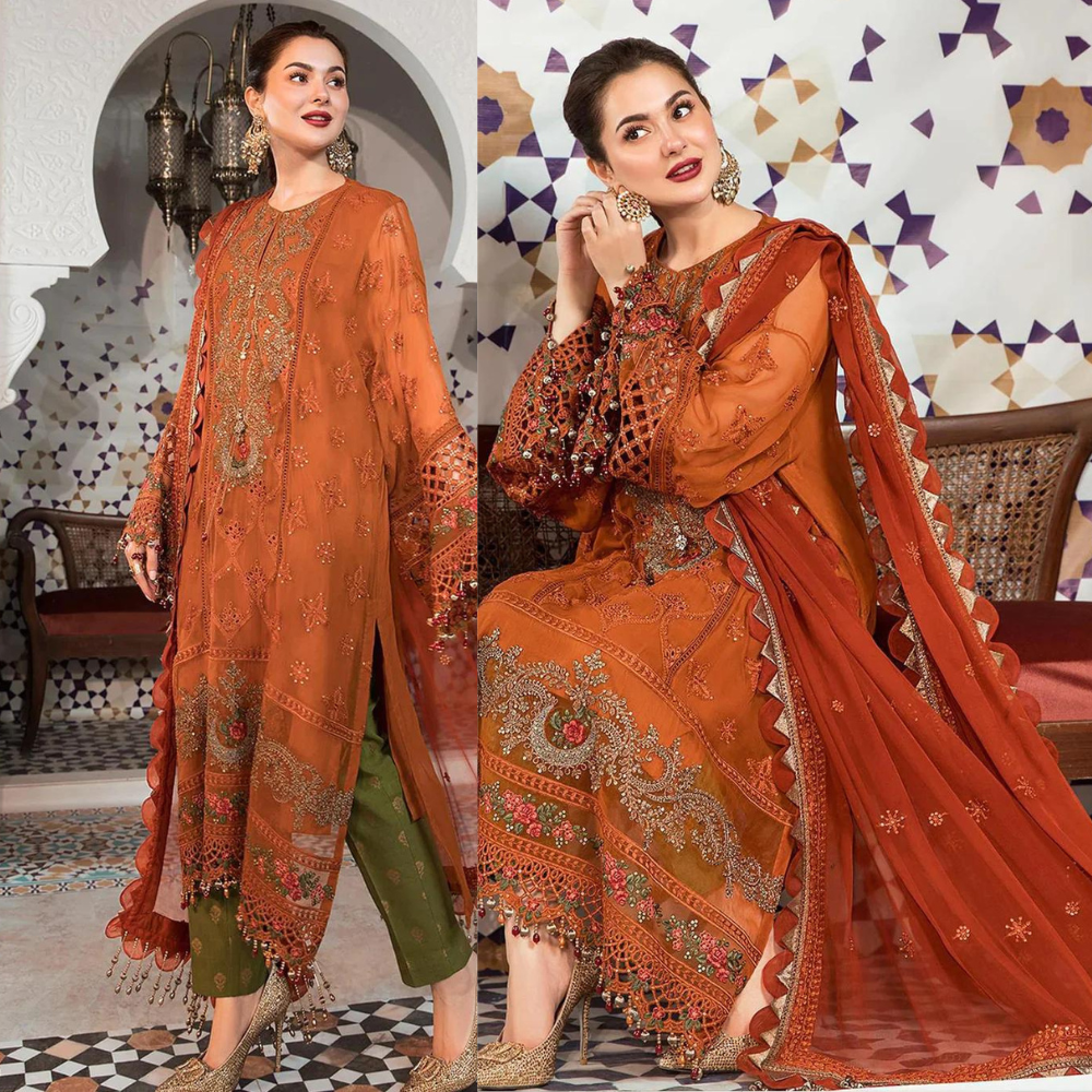 Maria .B 3PC Lawn full embroidered front piece for shirt sleeves embroidered With Bamber chiffon embroidered dupatta. VL543