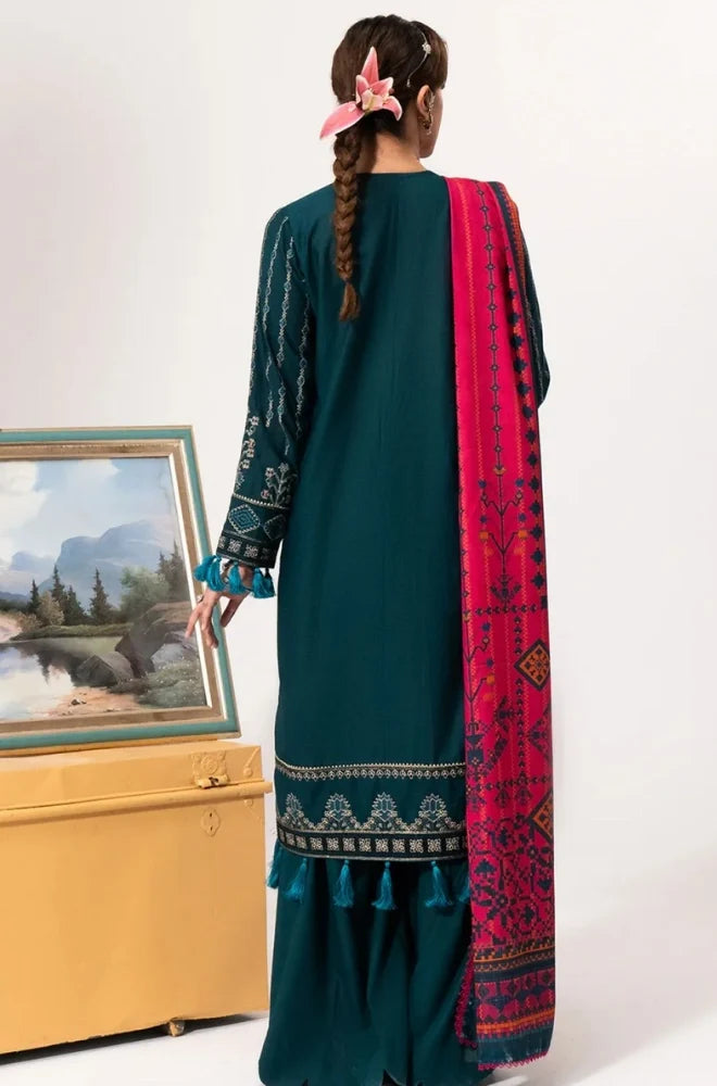 3PC Dhanak Embroidered Shirt With Wool Printed Shawl and Trouser - VL1676
