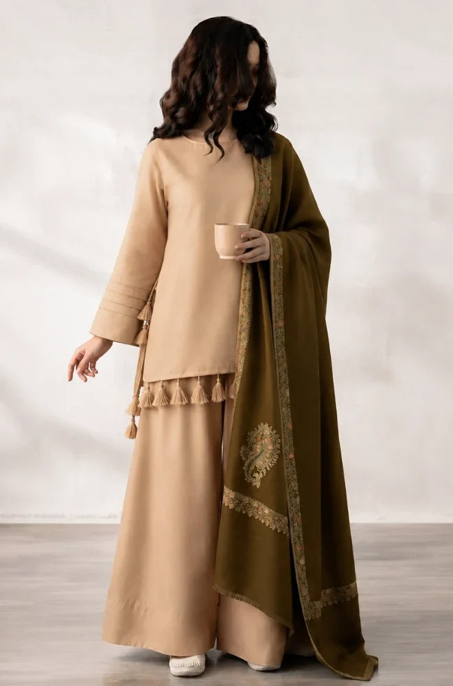 VL1603 Premium Beige & Olive Green 3-Piece Unstitched Suit With Printed Shawl
