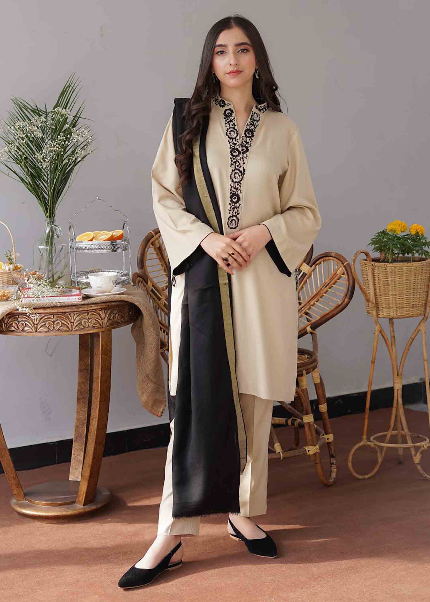 VL310 3PC Dhanak suit with Embroidered Shawll