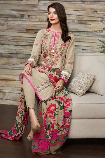 VL2019 Khaadi Pink-Embroided 3PC Dhank Dress with wool shawl