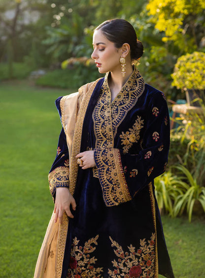 3-Piece Unstitched Heavy Embroidered Velvet Suit - VL980