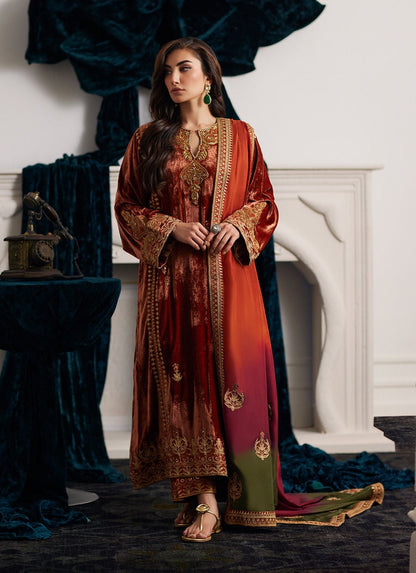Veezal Embroidered Velvet Dress with Embroidered Karandi Shawl - VL941