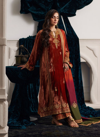 Veezal Embroidered Velvet Dress with Embroidered Karandi Shawl - VL941
