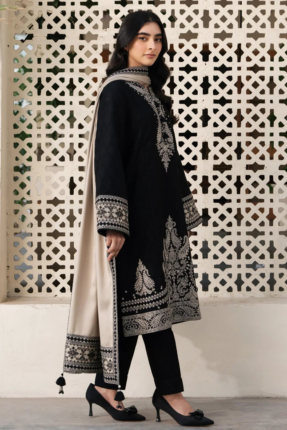 JAZMIN - 3PC DHANAK EMBROIDERED SHIRT WITH DHANAK EMBROIDERED SHAWL AND TROUSER - VL1202