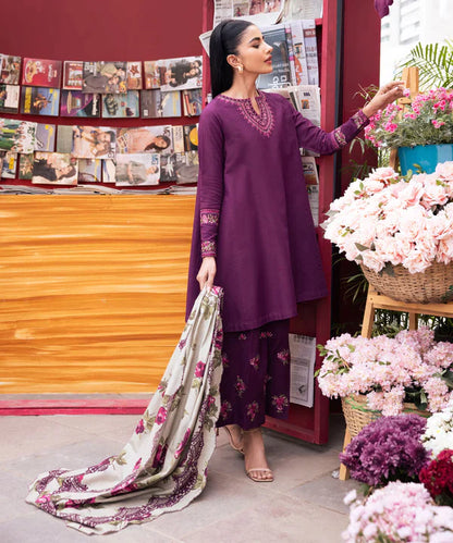 VL684 WINTER 3PC Dhannak Embroidered suit with Printed Shawl