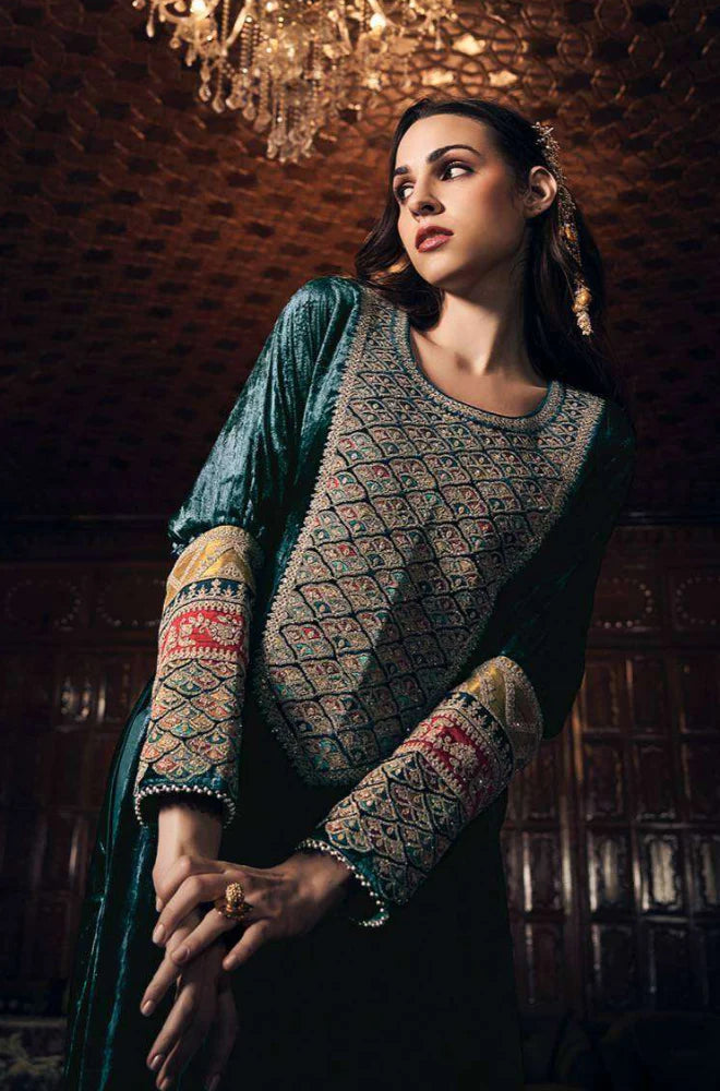 Aiqa Frock style - Winter 3PC Velvet Embroidered Suit - VL942