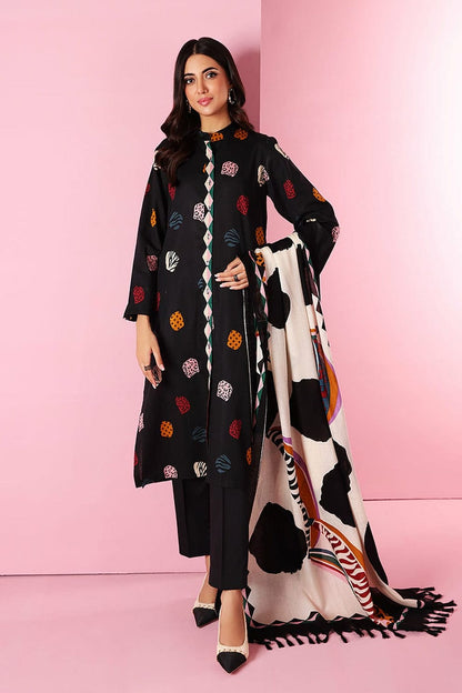 VL562 Khaadi Black Dhanak Embroidered three piece With Wool Shawl