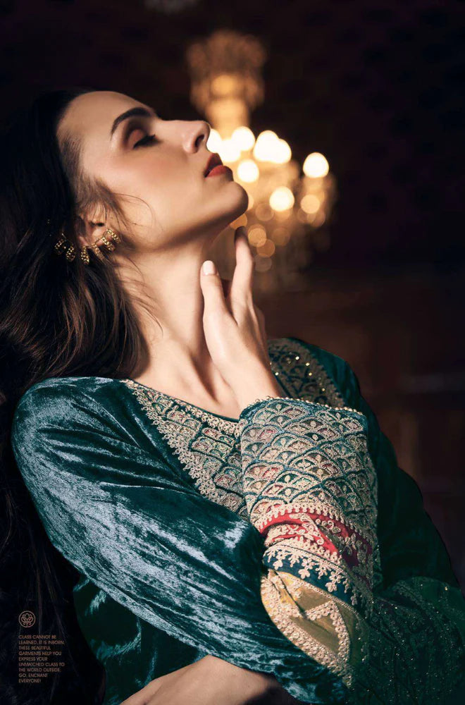 Aiqa Frock style - Winter 3PC Velvet Embroidered Suit - VL942