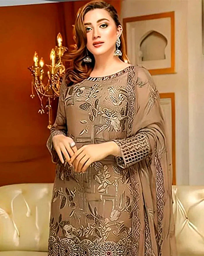 vl825 3PC Linen Heavy Embroidered Shirt & Chiffon Dupatta