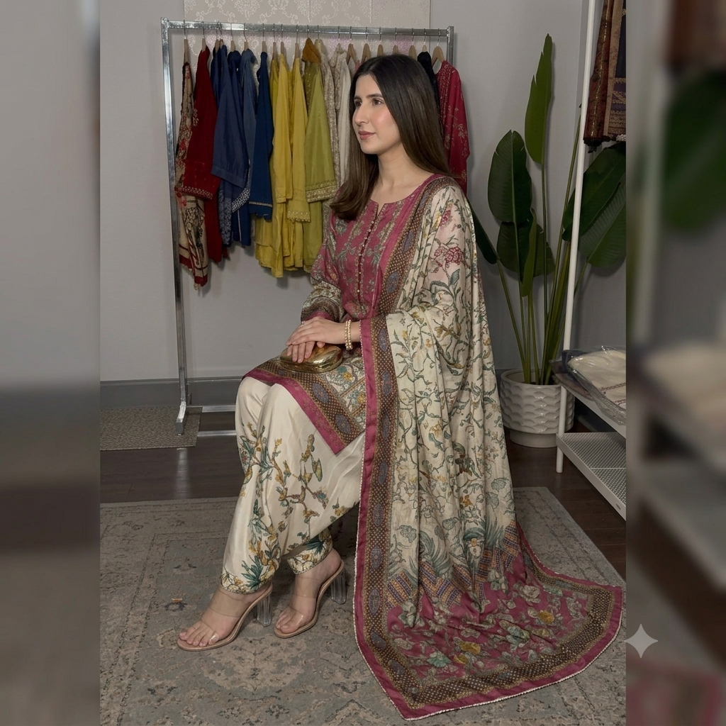 Aneela's 3PCS UNSTITCHED SUIT FABRIC Digtal printed Silk - VL1493