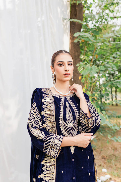 3PCs Velvet Embroidered Dress With Velvet Embroidered Shawl - VL967
