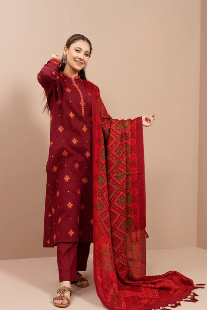 VL645 Kayseria - 3PC Dhanak Embroidered Shirt With Print Wool Shawl