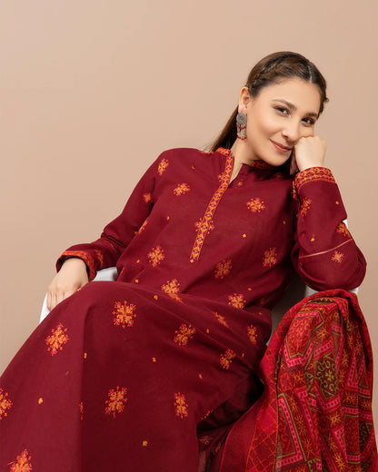 VL645 Kayseria - 3PC Dhanak Embroidered Shirt With Print Wool Shawl