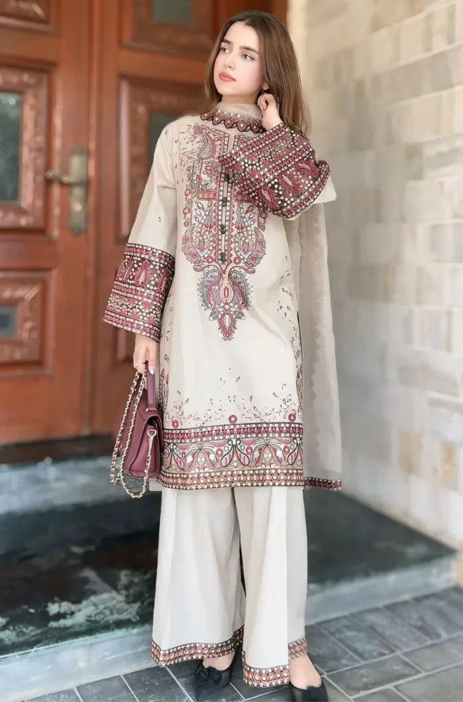 Maria .B. - Winter 3PC Dhanak Chickenkari Embroidered Suit - VL1158
