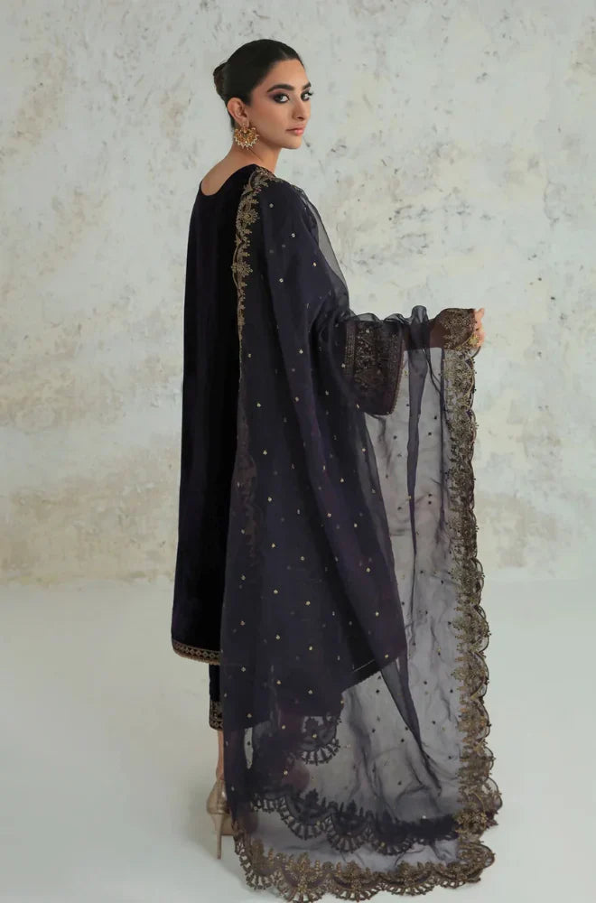 3PCs Velvet Dress With Embroidered Organza Dupatta - VL966