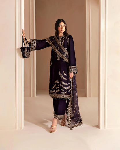 3PCs Embroidered Velvet Dress With Shamooz Silk Trouser - VL968
