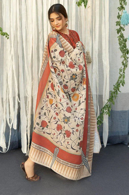 VL697 3-piece Dhanak embroidered suit with Digital prited wool shawl