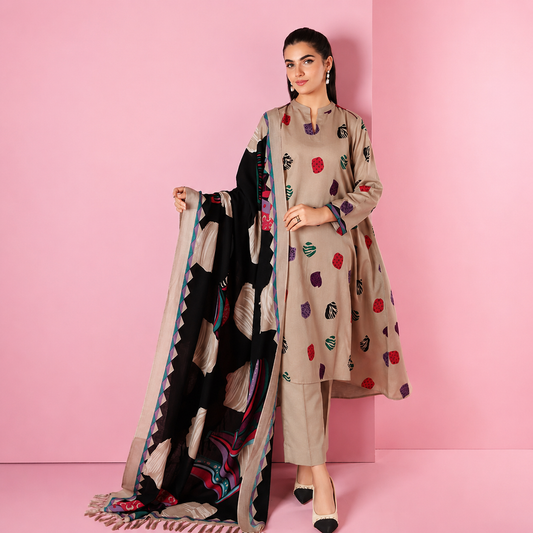Nishat - Skin Dhanak Embroidered three piece With Woolen Shawl VL563