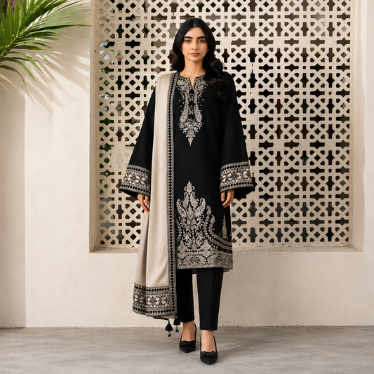 JAZMIN - 3PC DHANAK EMBROIDERED SHIRT WITH DHANAK EMBROIDERED SHAWL AND TROUSER - VL1202