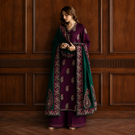 JAZMIN - 3PC DHANAK EMBROIDERED SHIRT WITH DHANAK EMBROIDERED SHAWL AND TROUSER - VL1240