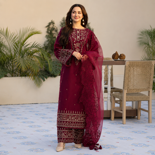 Velvet 3-Piece Dress with Embroidered Organza Dupatta - VL948