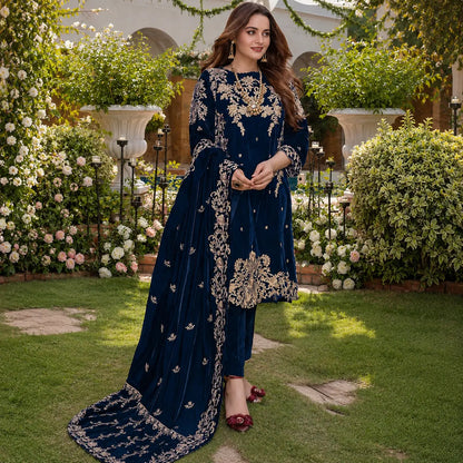 VL955 Embroidered Velvet Three piece With Velvet Shawl Winter Collection