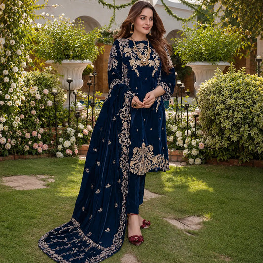 VL955 Embroidered Velvet Three piece With Velvet Shawl Winter Collection