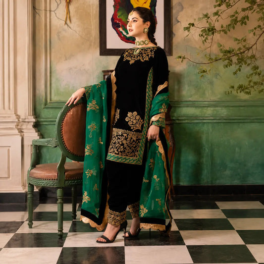 VL953 3-Piece Unstitched Heavy Embroidered Velvet Suit ( Four Sided Embroidered Organza Dupatta )